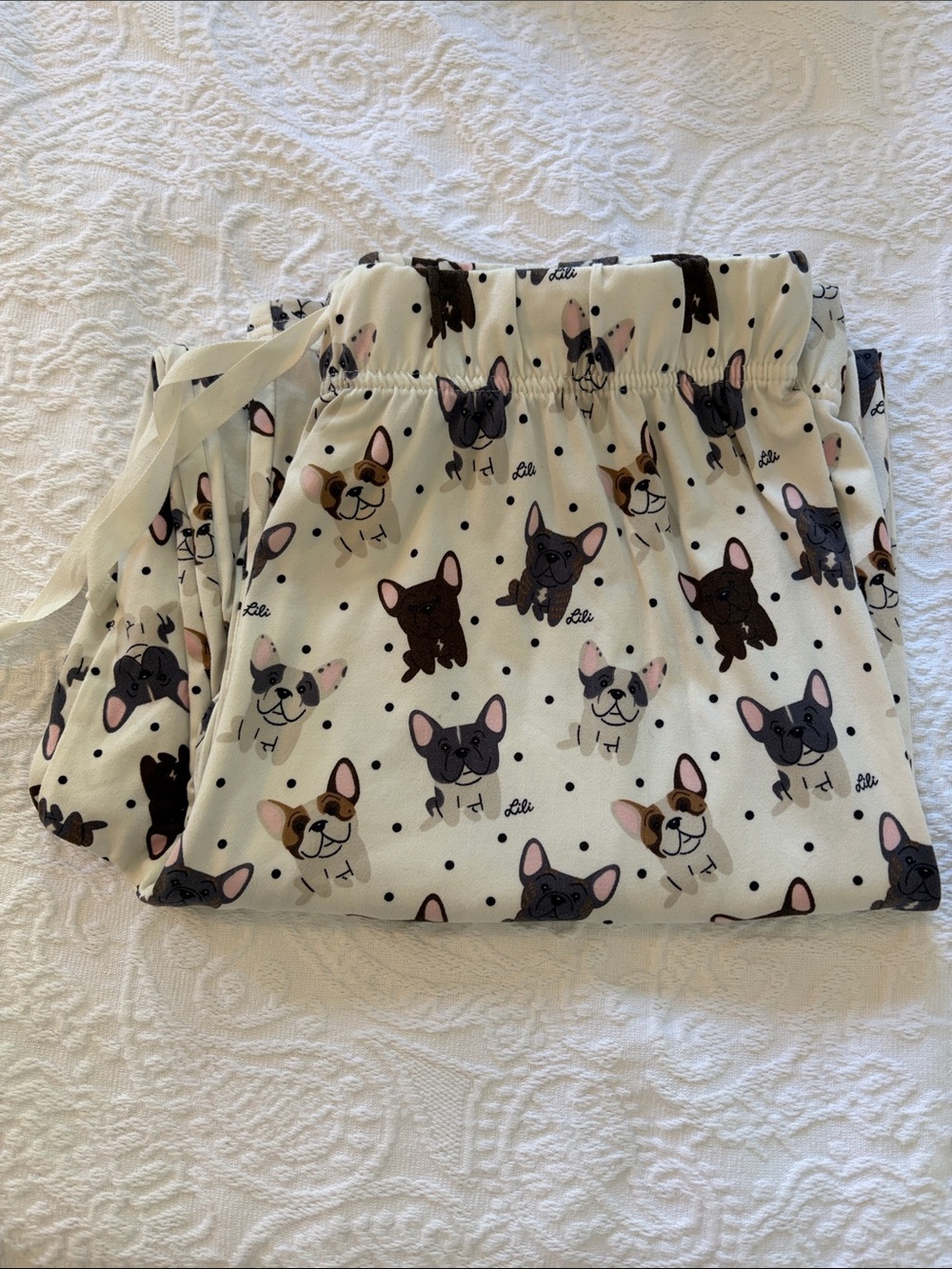 Frenchie dog Cream Dog Print pajama pants- Doggie Drawings by Lili Chan